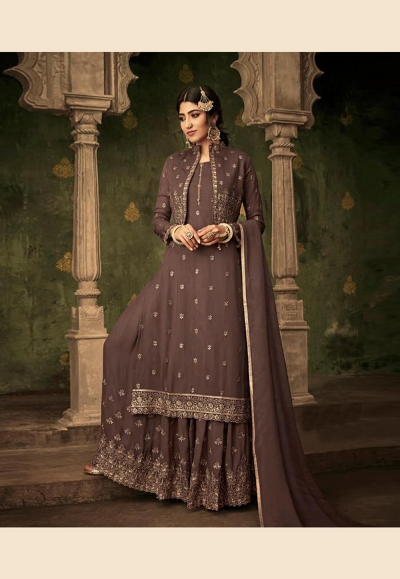 Brown georgette embroidered sharara suit with jacket  70003